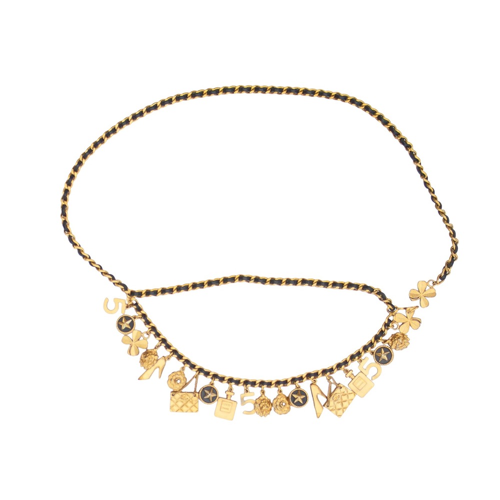 Vintage‎ Chanel 1994 Charm Chain Belt Gold Tone Leather CC Charms 83cm